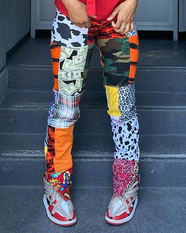 Allover Print Pocket Back Split Hem Pants