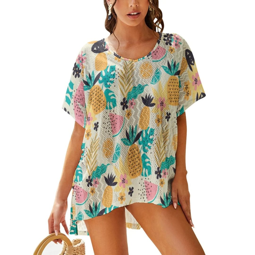 Colorful Summer Fruits Pattern V Neck Lace Blouse Womens Hollow Out Lace Raglan Tops Balloon Sleeve Tunic Shirts - Neewho