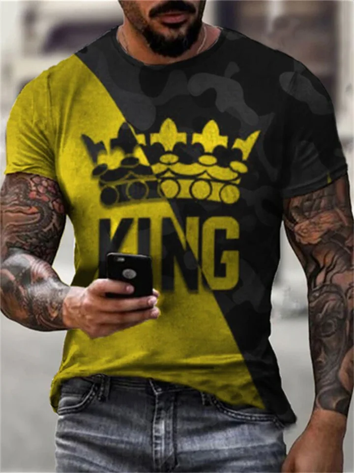 Crown Digital Printing Round Neck Casual Men's Short-sleeved Comfortable and Breathable Tops-Cosfine