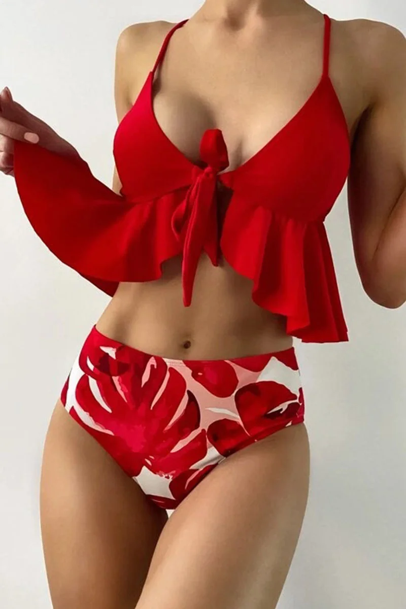 Red Sexy Print Bandage Patchwork Flounce Swimwears | EGEMISS