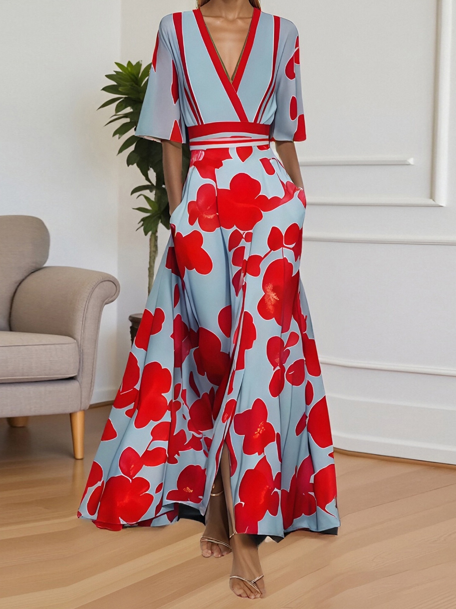 Women's Floral Party & Streetwear Dress - Flowy A-Line Maxi With V-Neck, Red Floral Print On - Machine Washable For Cocktail Parties, Formal Events, Everyday Outfits - Elegant Evening Gown, Party Dresses, Lightweight Fabric | IFYHOME