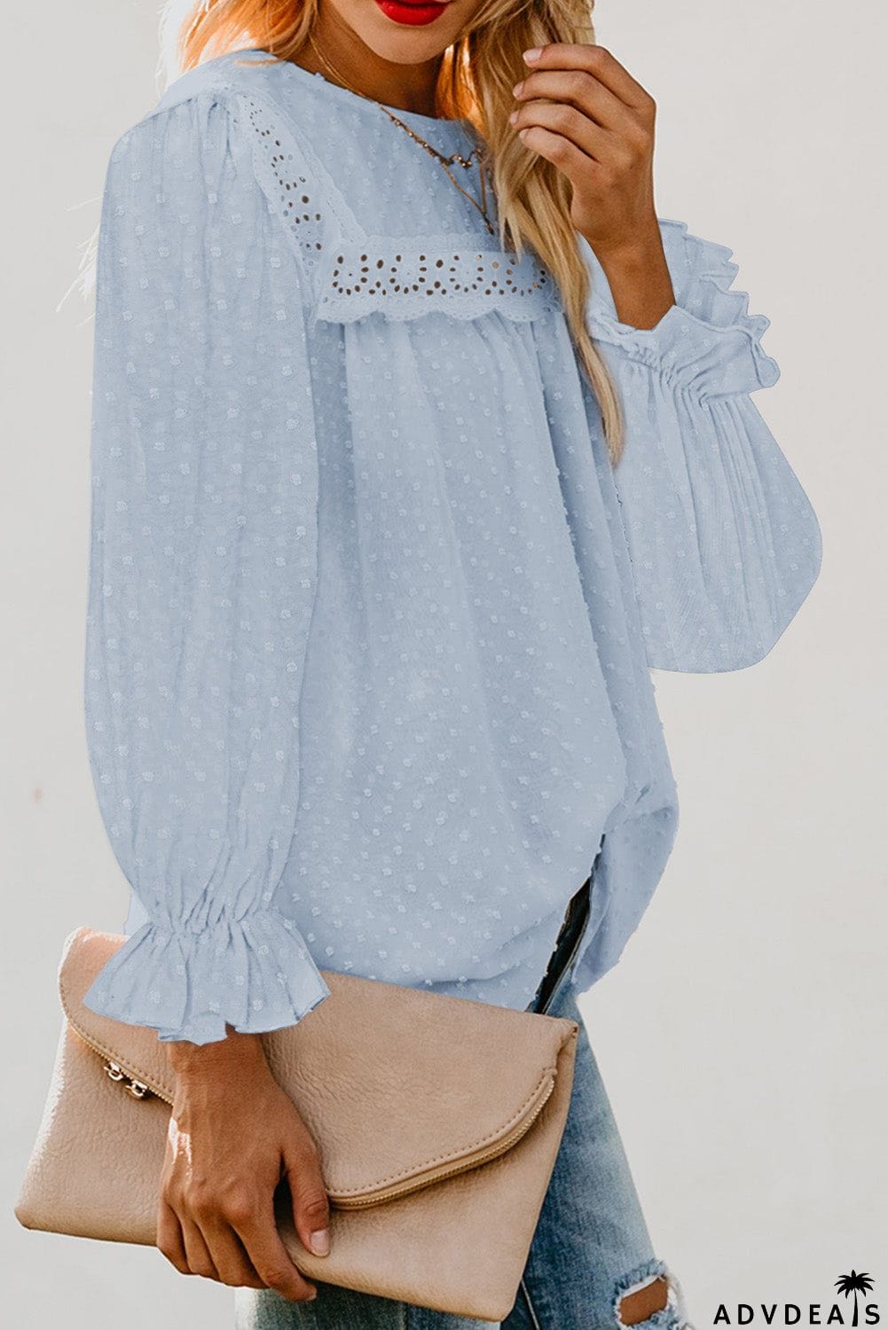 Swiss Dot Hollow Out Ruffle Sleeve Blouse