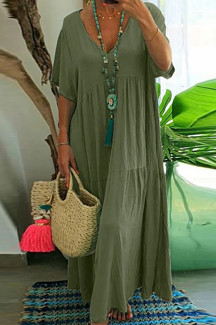 V Neck Half Sleeve Pleated Linen Casual Vacation Maxi Dress