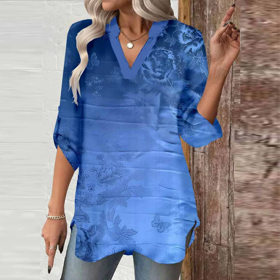 Women Floral, Blue DZGA0447 3/4 Sleeve V-neck Printed Graphic Button Tops