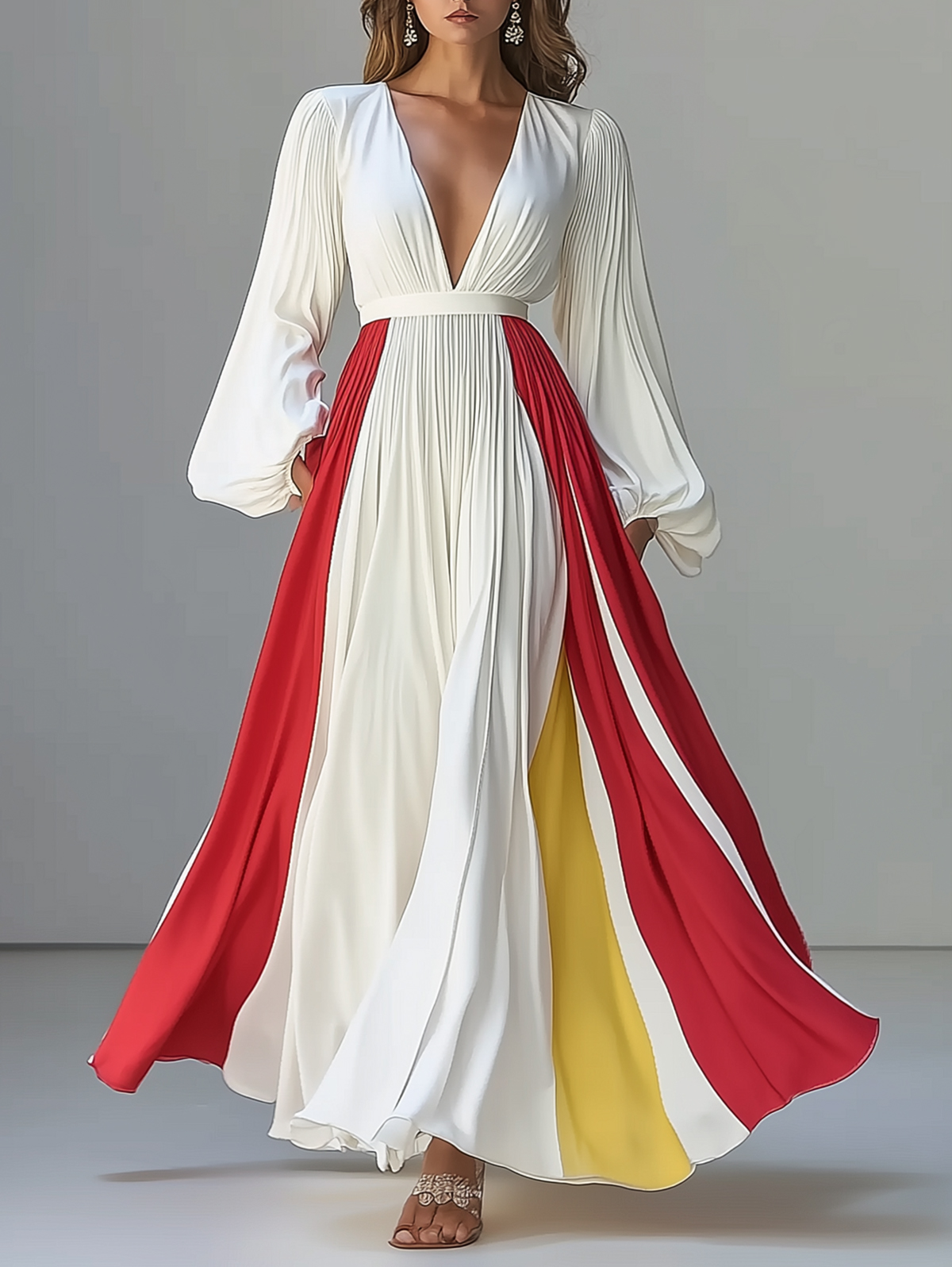 Ursime Color Blocks Deep V Neck Lantern Sleeve Maxi Dress