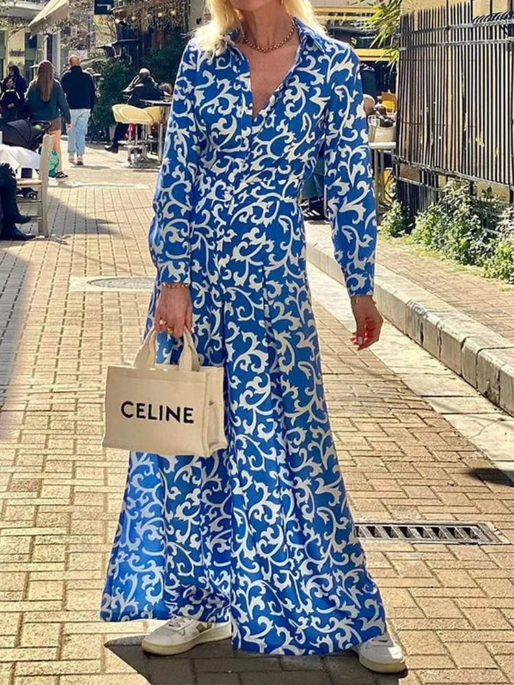 Women's Floral Art Print Stylish Lapel Long Dress