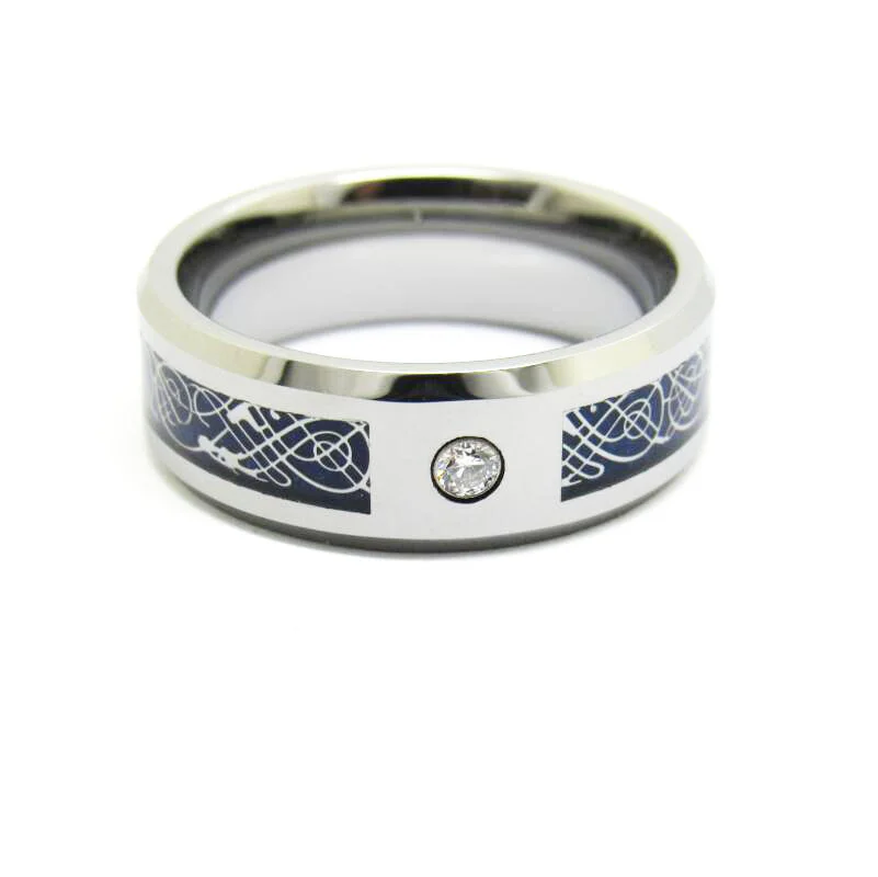 8MM Men Women Tungsten Wedding Matching Rings Silver Celtic Dragon Knot Black Cz Inlaid for Couple