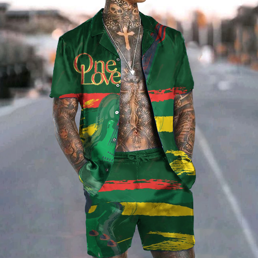 Comstylish ONE LOVE men's holiday beach vacation short-sleeved shirt and shorts two-piece set
