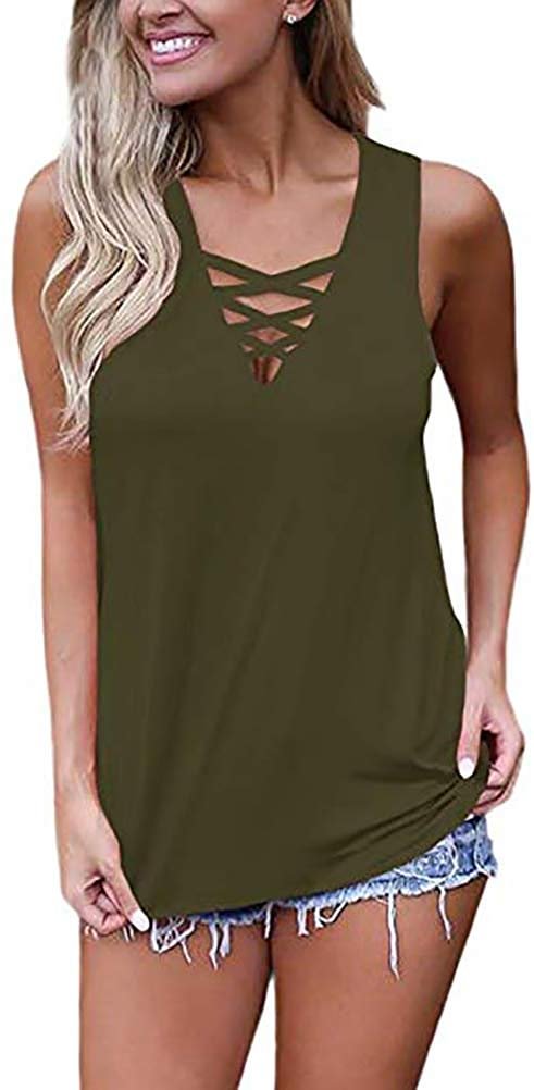 Women's Criss Cross Casual Cami Shirt Sleeveless Tank Top Basic Lace up Blouse