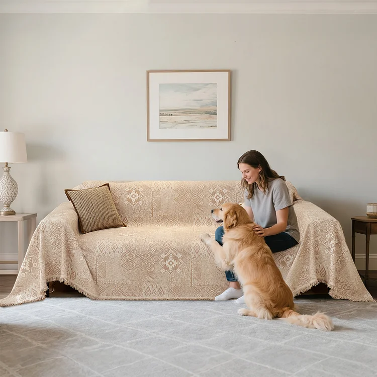 Sanmadrola Reversible Sofa Covers for 3 Cushion Couch, Geometric Jacquard Chenille Slipcover, L Shape Sectional Couch Cover with Tassels, Washable Furniture Protector for Dogs Cats Pet