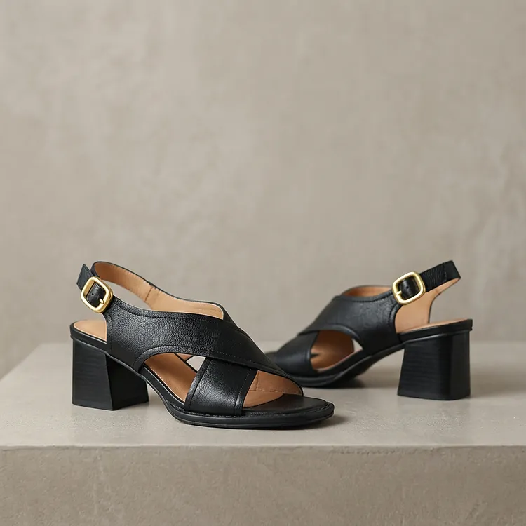 Women's Open-Toe Block Heel Leather Sandals