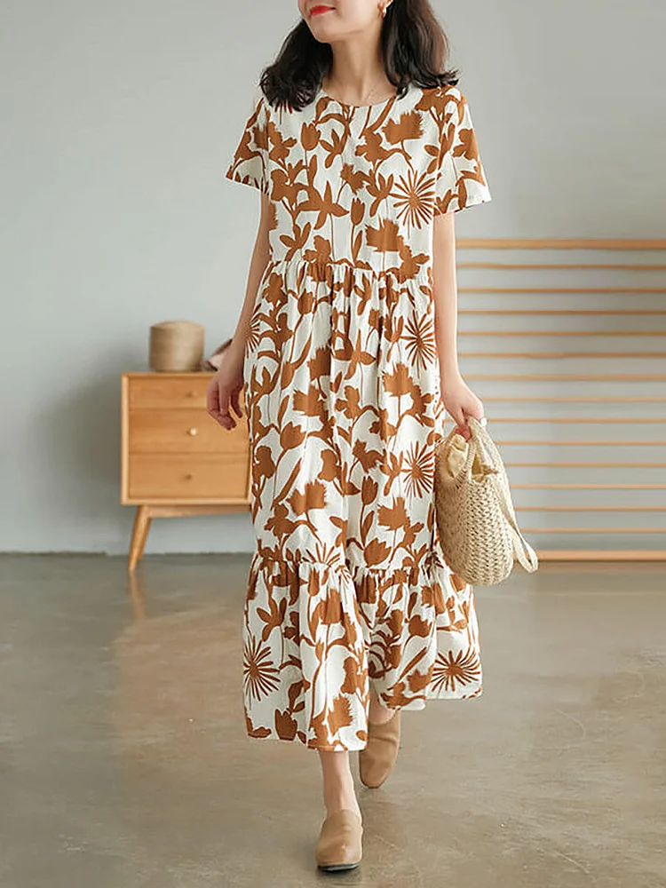 Plus Size - 100% Cotton Women O-neck Floral Dress