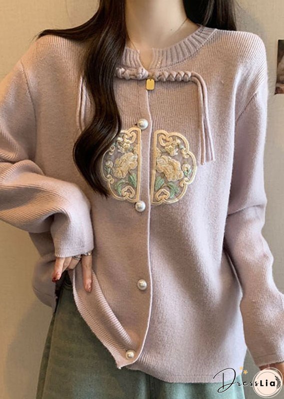 Pink Knit Coats Button Tassel Embroidered Fall