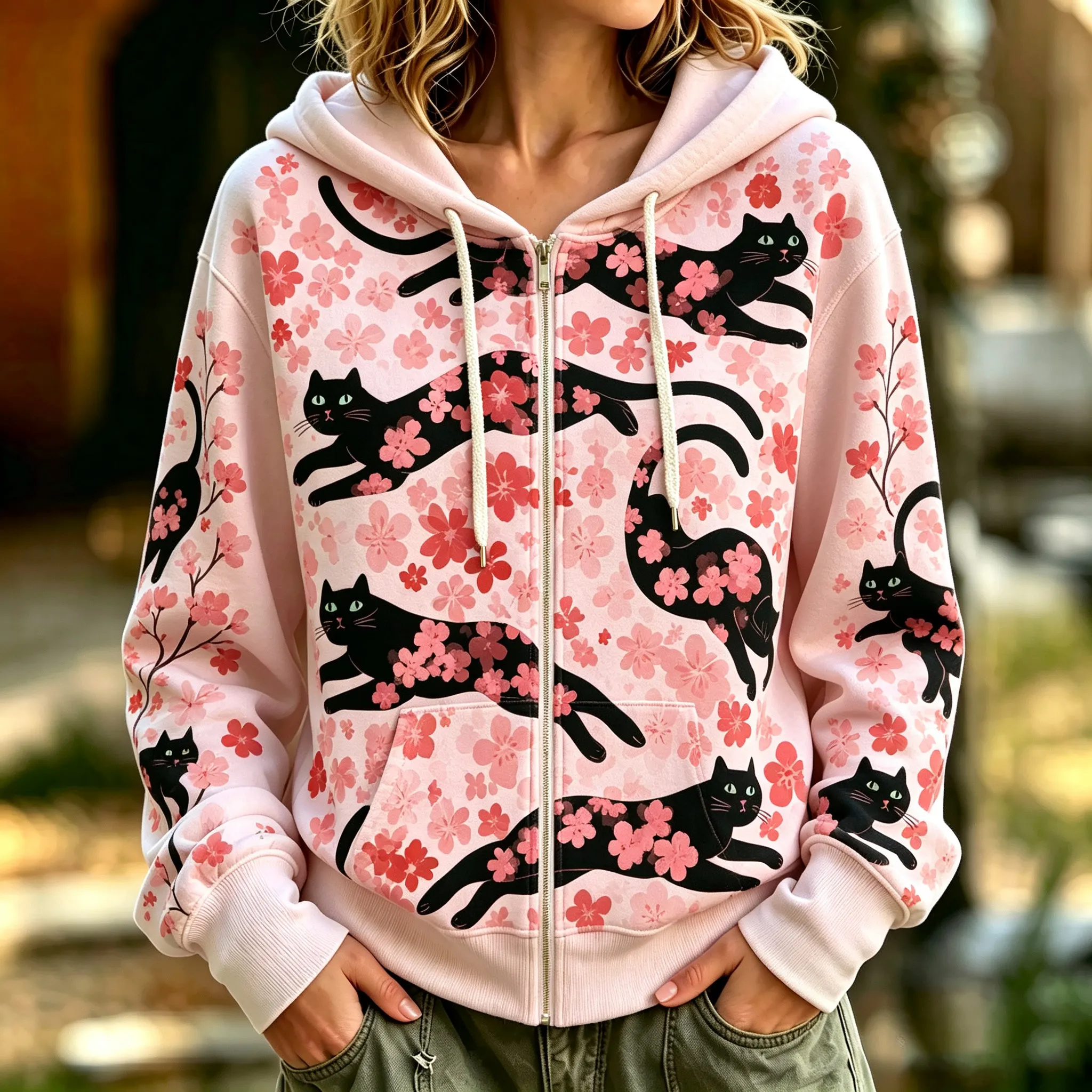 Comstylish Women's Cat Floral Print Hooded Zip-up Sweatshirt
