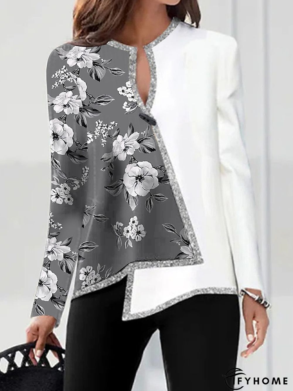 Women's Shirt Blouse Gray Floral Color Block Asymmetric Print Long Sleeve Daily Weekend Streetwear Casual V Neck Regular Floral S | IFYHOME