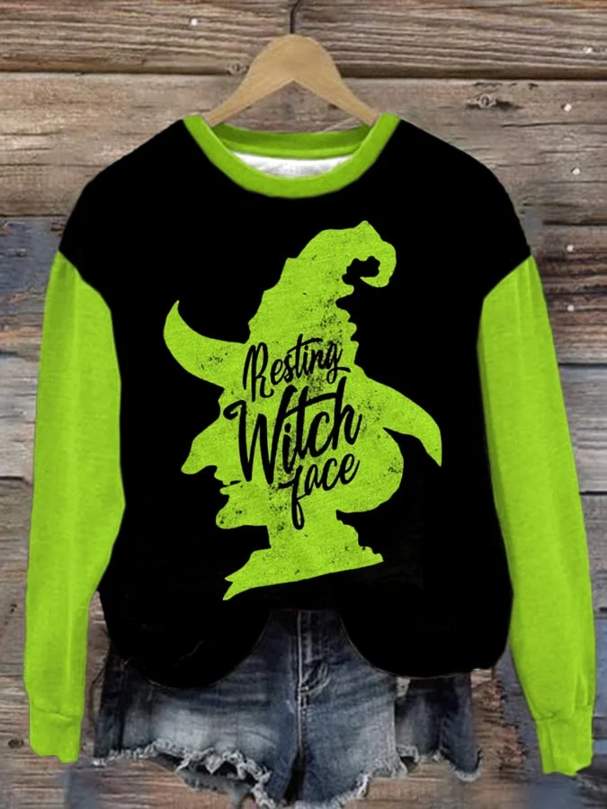 Women'S Halloween Green Witch Print Sweatshirt