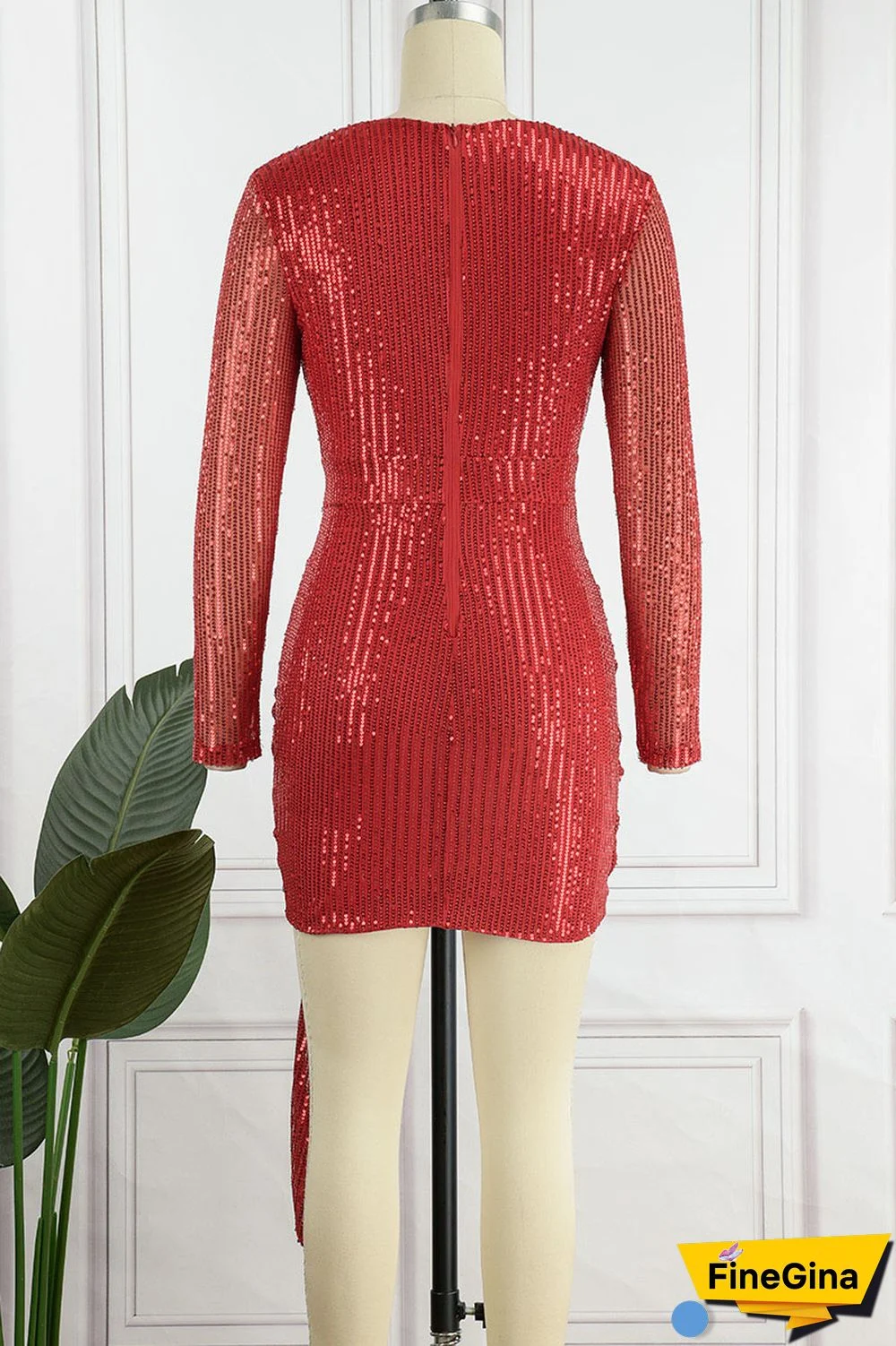 Burgundy Sexy Solid Sequins Patchwork Asymmetrical V Neck One Step Skirt Dresses