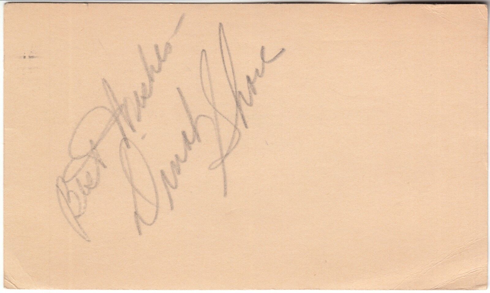 DINAH SHORE VINTAGE 1942 AUTOGRAPH .. hand-signed 3x5 card .. UACC RD COA