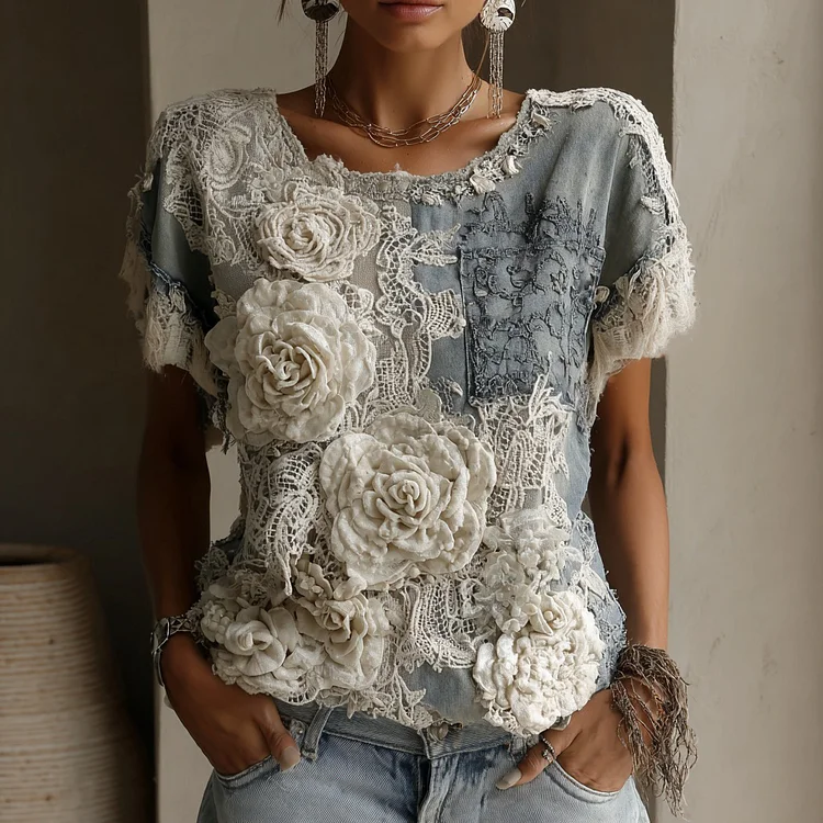 Women's White Rose Paneled Denim Linen T-shirt