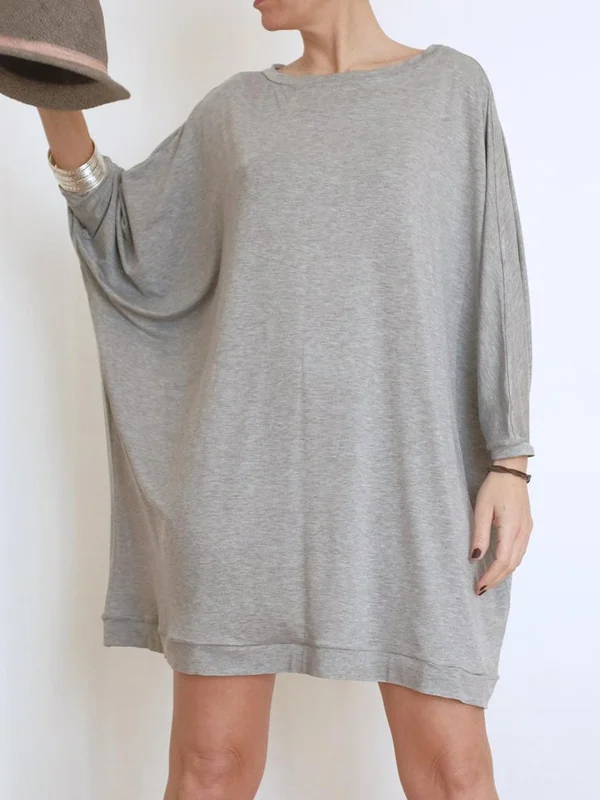 Minimalist Pure Color Batwing Sleeves Round-Neck T-Shirt Mini Dress