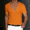Men's Basic White Deep V-Neck Cotton Short Sleeve T-Shirt by Inlyline