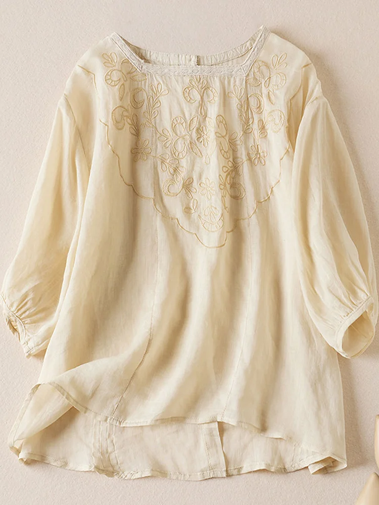 Casual Loose Solid Color Embroidered Short-Sleeved Blouse socialshop