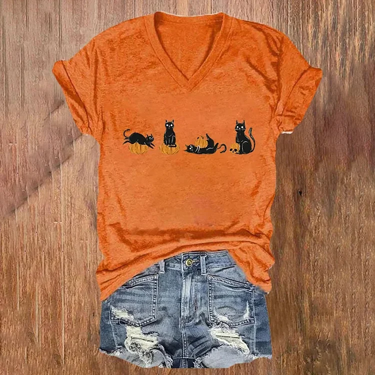 Halloween Pumpkin And Cats Printe Casual T-Shirt