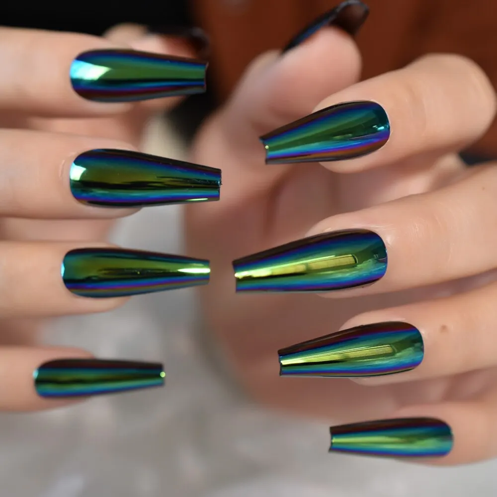 Holographic Electroplating Discoloration Reuseable Extra Long Nails Coffin Press On Dedachable Nails False Nails Tip EchiQ 24PCS-Nail Inspo