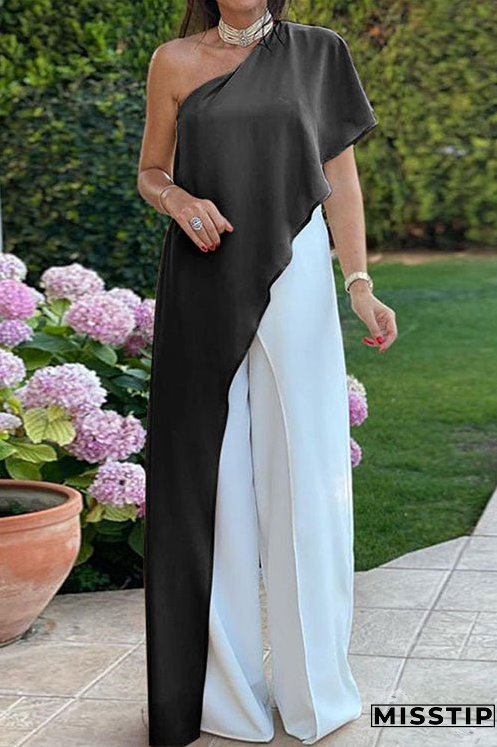 Meridress One Shoulder Color Block Wide Leg Jumpsuit