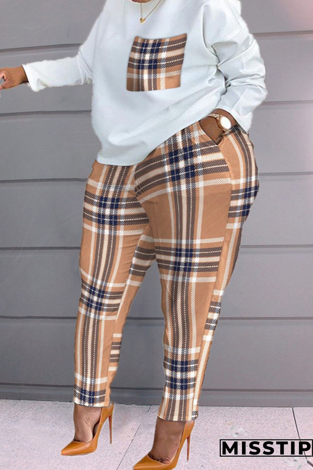 Blue Casual Print Patchwork O Neck Plus Size Two Pieces