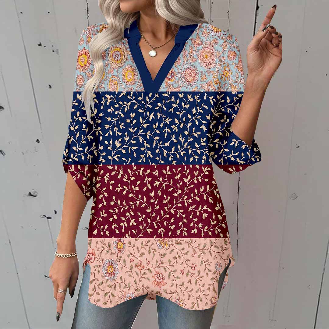 Women Floral, Polka Dot, Blue, Red DZGA0342 3/4 Sleeve V-neck Printed Graphic Button Tops