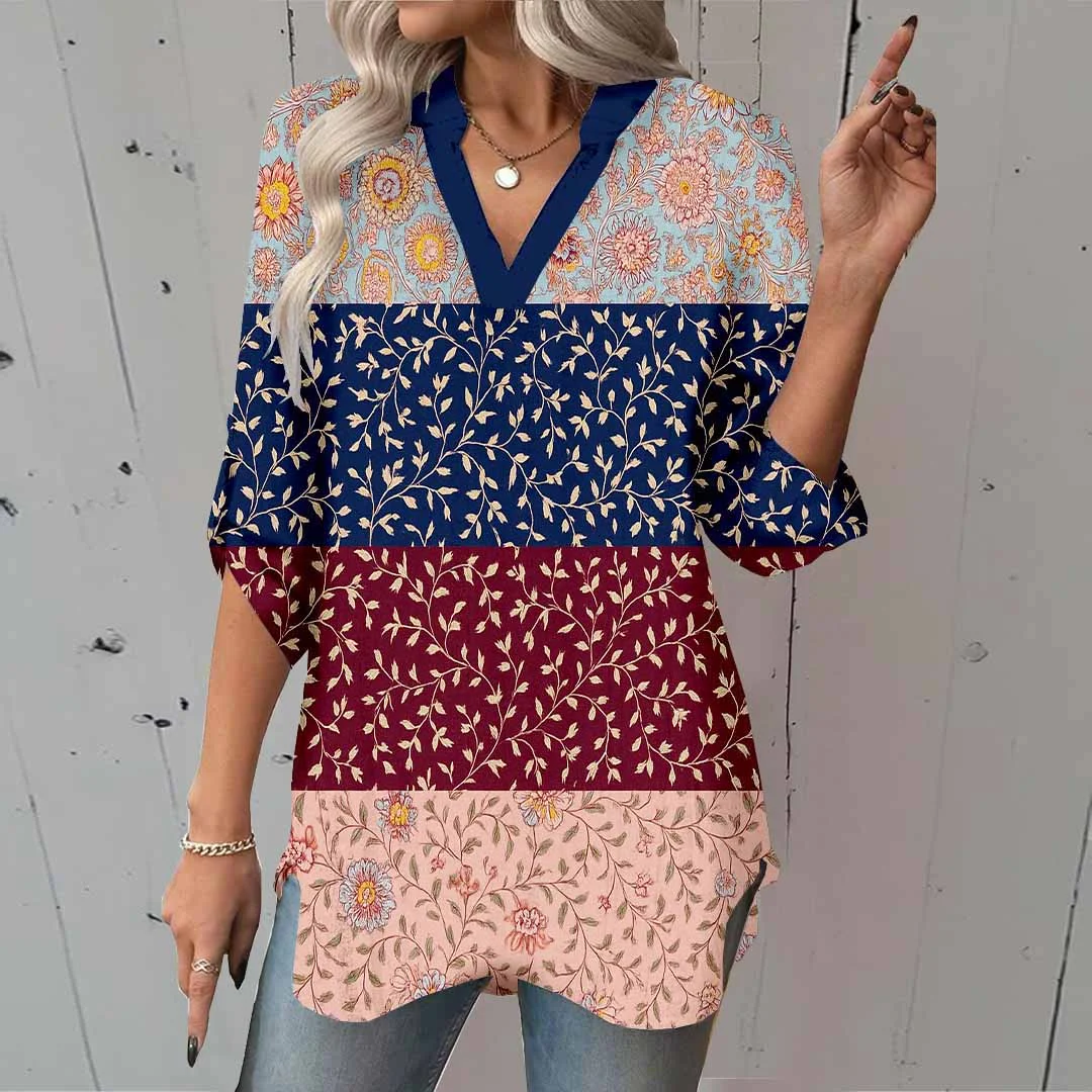 Women Floral, Polka Dot, Blue, Red DZGA0342 3/4 Sleeve V-neck Printed Graphic Button Tops