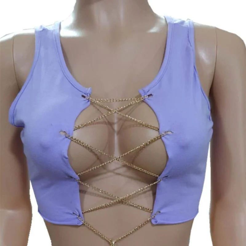 Red Black White Metal Chain Sleeveless Crop Top Sexy Clubwear Women Adjustable Lace Up Hollow Out Tank Tops Tees Camisole 1103-1