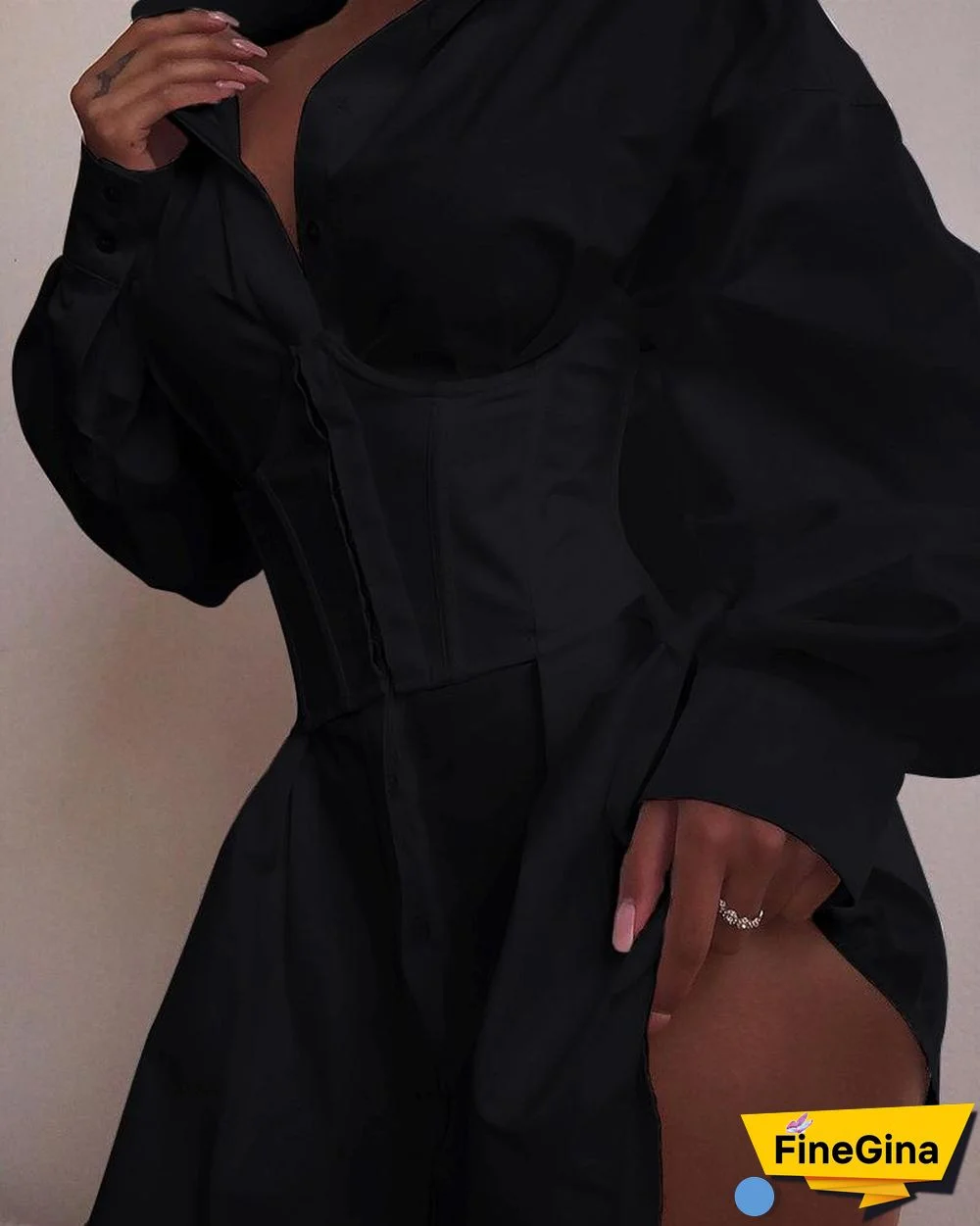 Solid Long Sleeve Tight Waist Buttoned Shirt Dress P15209