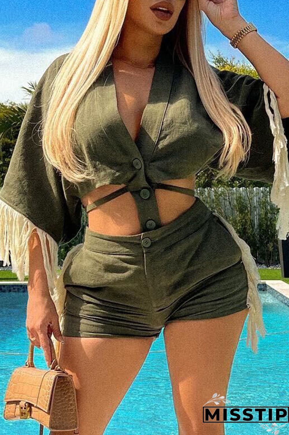 Ink Green Casual Solid Tassel Patchwork V Neck Half Sleeve Two Pieces