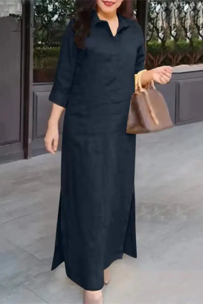 Ingvn - Casual Simplicity Solid Pocket Turndown Collar Shirt Dress Dresses Navy Blue / S