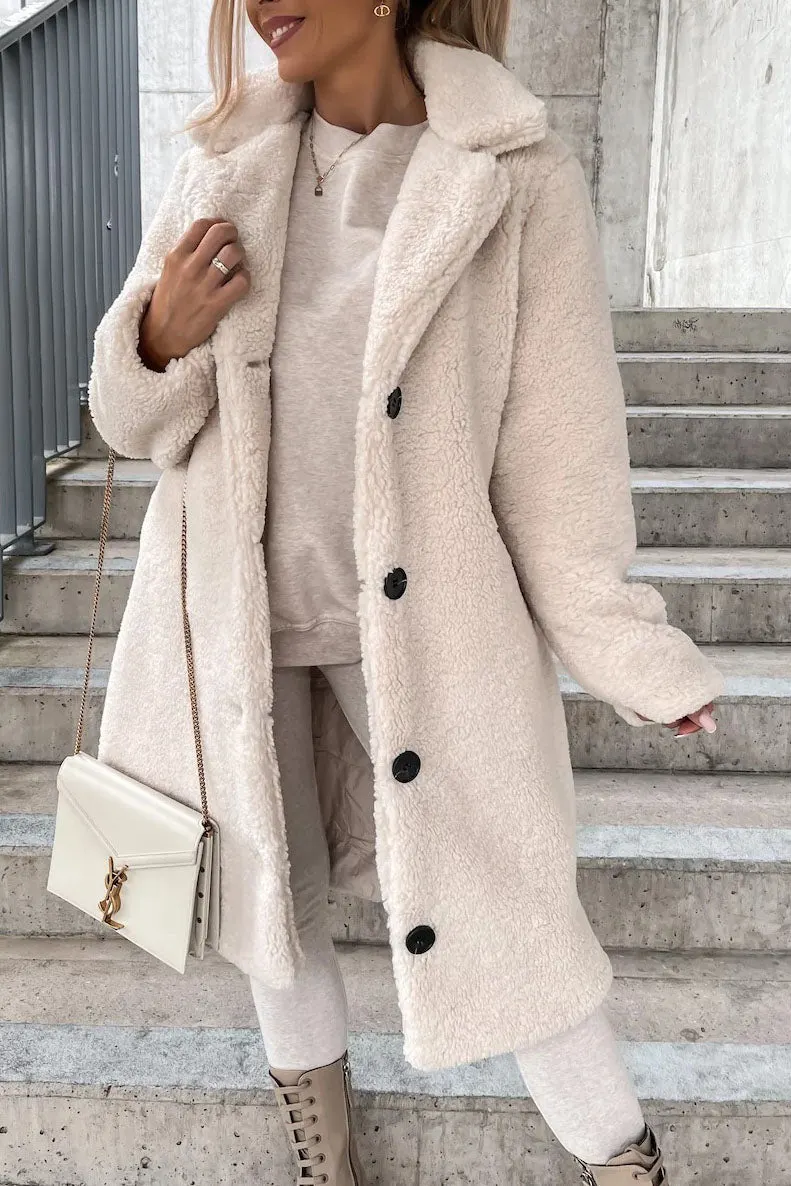 Long Plush Coat with Notched Collar