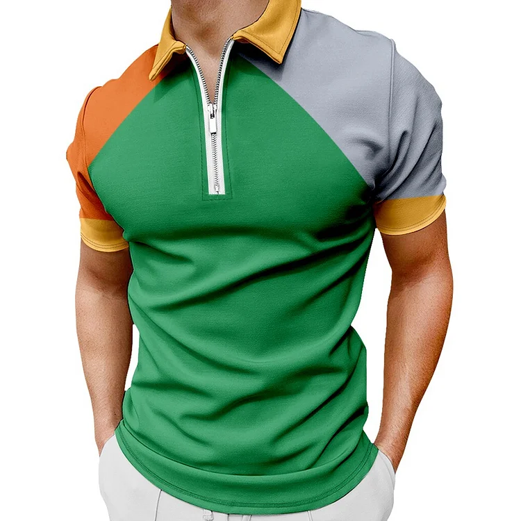 BrosWear Men's  Abstract Color-Blocking Casual Short Sleeve Polo Shirt