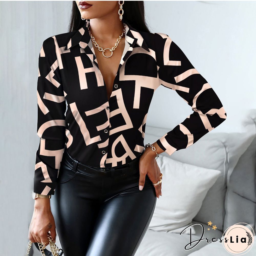 Autumn Women Black Floral Print Top Shirt Fashion Casual Long Sleeve Turn-down Collar Tops Shirts New Elegant Slim Button Shirts