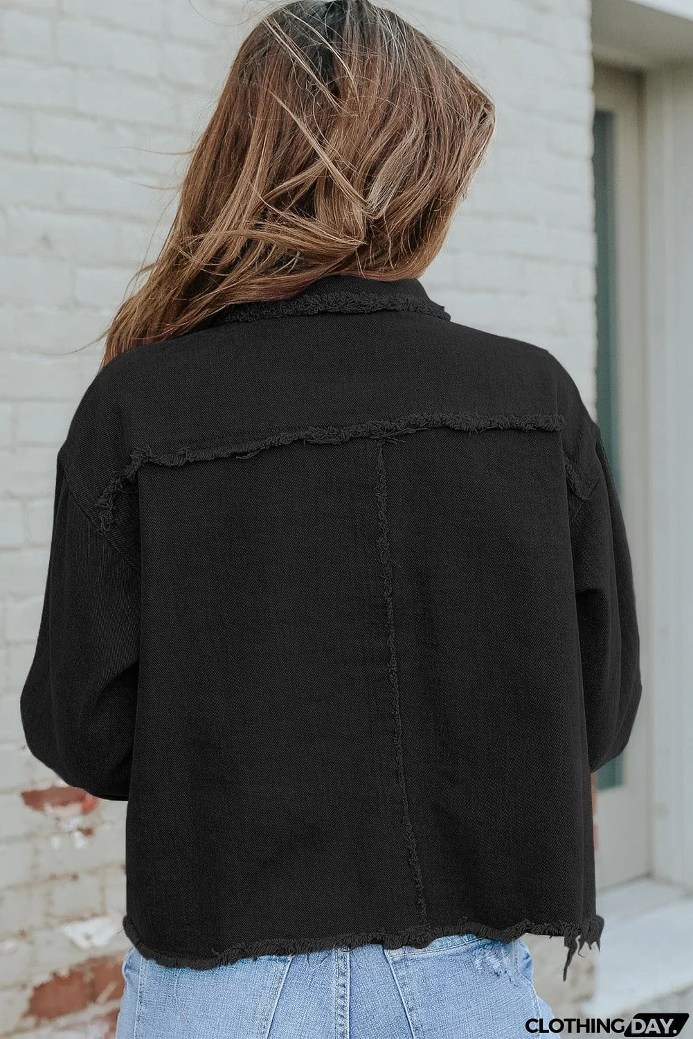 Distressed Flap Pockets Frayed Hemline Denim Jacket
