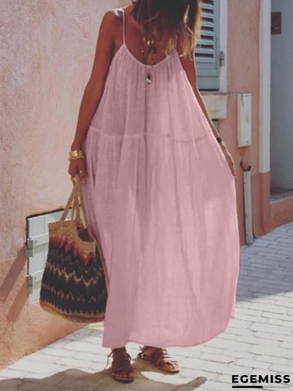 Long Skirt Solid Color Stitching Cotton and Linen Sleeveless Sling Dress | EGEMISS