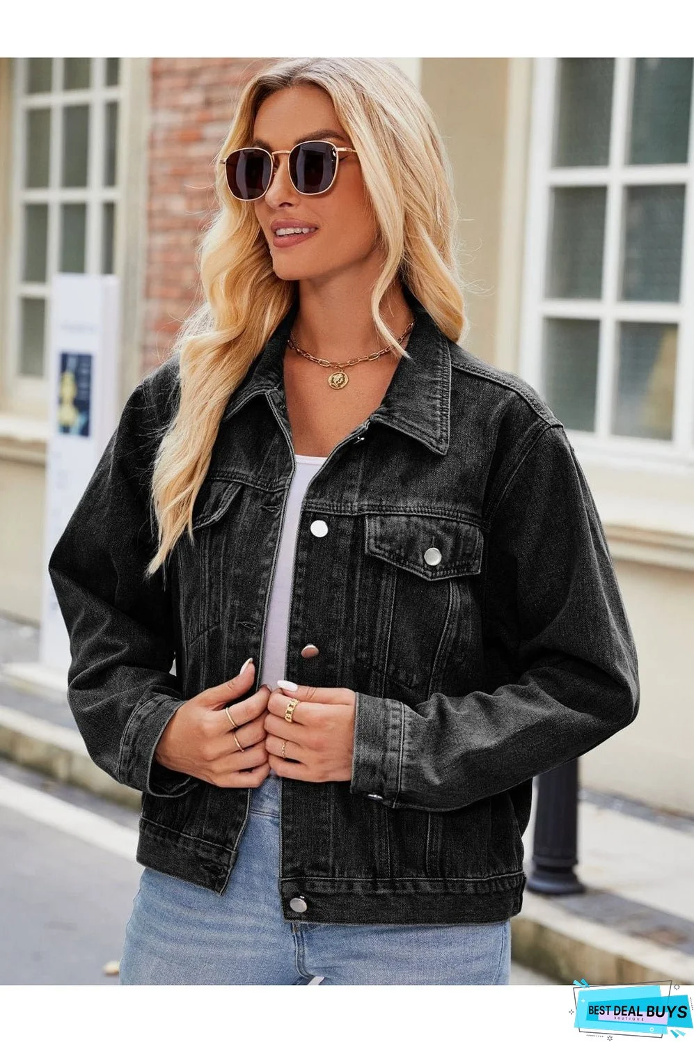 Pocketed Collared Neck Denim Jacket