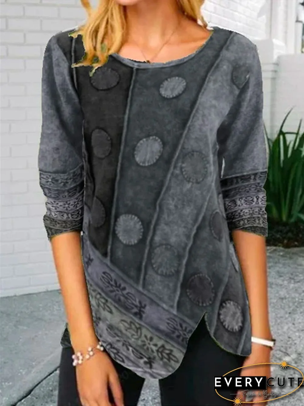 Women's T-shirt Spring and Autumn New Fashion Women's Vintage Printed Irregular Hem Round Neck Long Sleeve Plus Size Casual Bottoming Loose Plus Size Soft and Comfortable Thin Shirt XS-5XL
