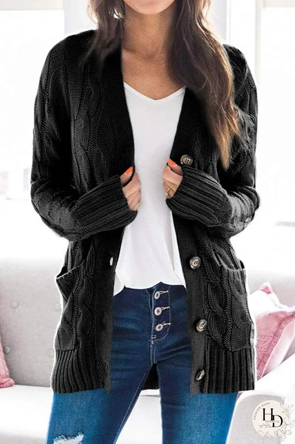 Button Cable Knit Cardigan
