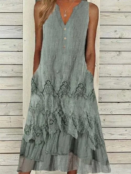 Solid Tunic V-Neckline Midi A-line Dress
