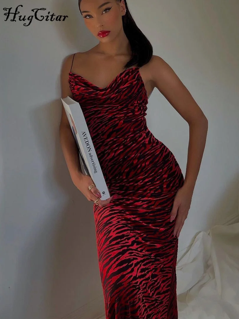 Hugcitar Zebra Print Swing Collar Sleeveless Slip Sexy Maxi Dress 2022 New Fashion Evening Party Women Elegant Streetwear Y2K