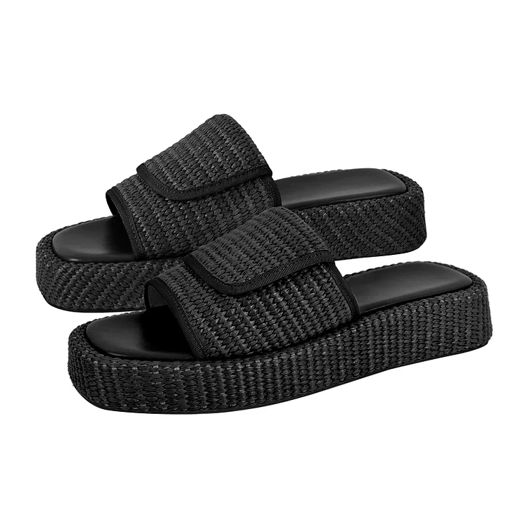 Casual Beach Straw Square Toe Platform Flats Slippers