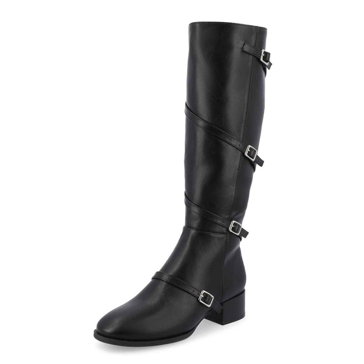Black Buckle Strappy Round Toe Block Heel Knee High Boots for Women Nicepairs