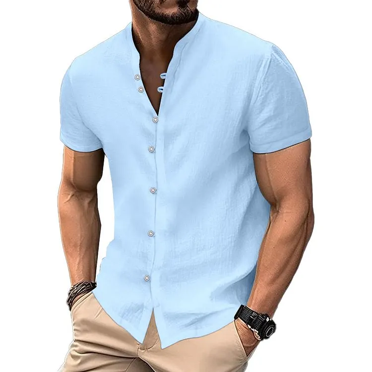 Men's Solid Color Cotton And Linen Stand Collar Short-Sleeved Shirt 67521156Y