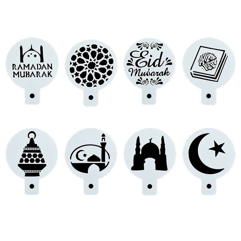 8pcs PET Eid Mubarak Coffee Spray Stencils Cookie Biscuit Cake Mold Ramadan Mubarak Muslim Islamic Festival Party DIY Decoration